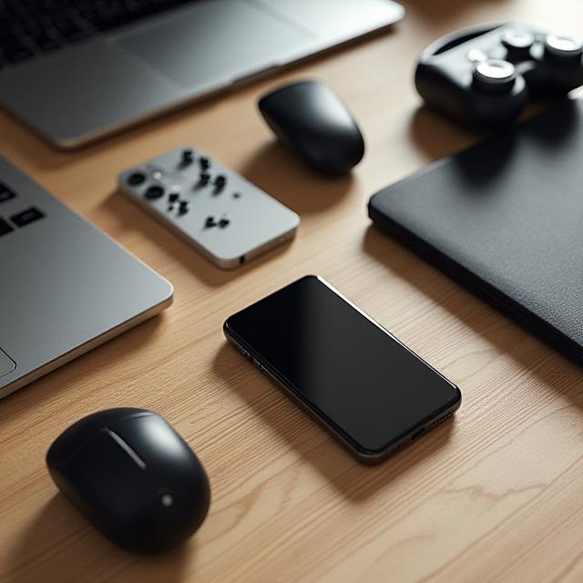 Assorted tech gadgets laid out on a desk