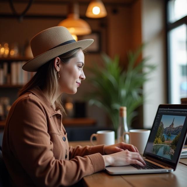 Travel blogger editing photos in a café