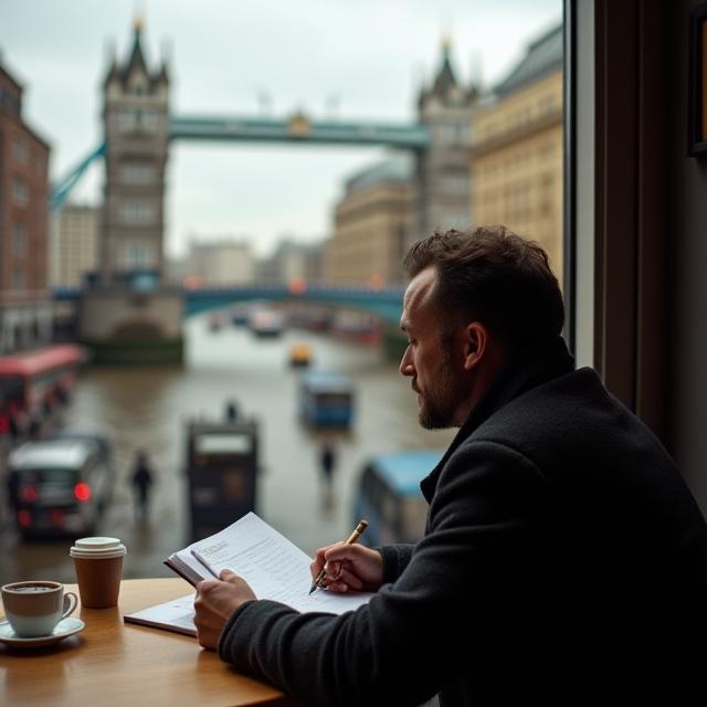 Writer taking notes while overlooking London Bridge