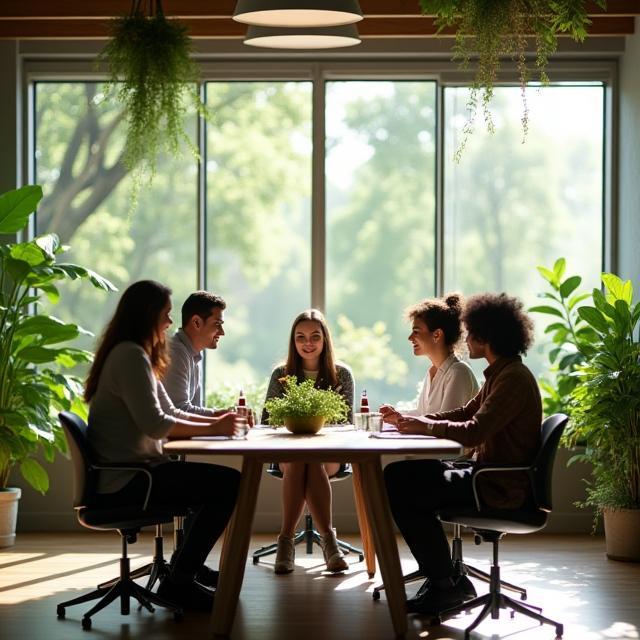 Team meeting in a sustainably designed office with plants